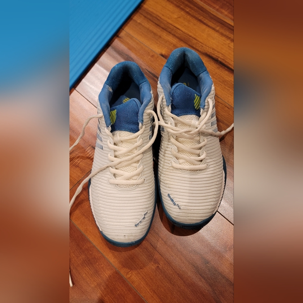 White and Blue Athletic Shoes